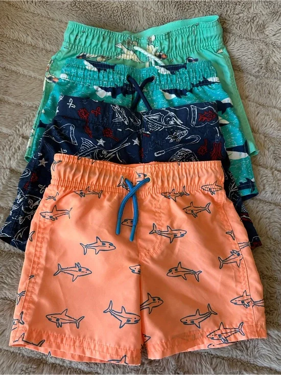 Cat & Jack Coral Shark Swim Shorts with Blue Drawstring
