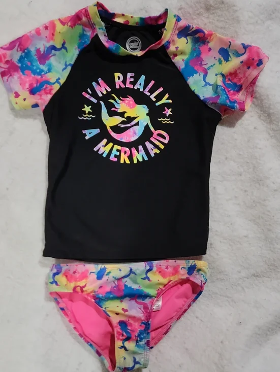 wonder nation Black Rash Guard Swim Set with Rainbow Tie-Dye & Mermaid Graphic
