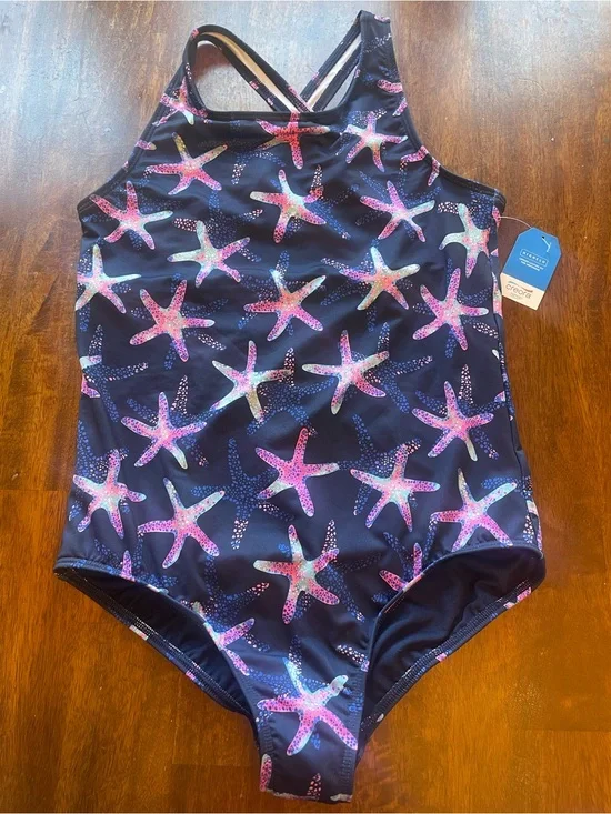 Lands End Girls Starfish One Piece Swimsuit Navy XL 14-16 NWT UPF 50