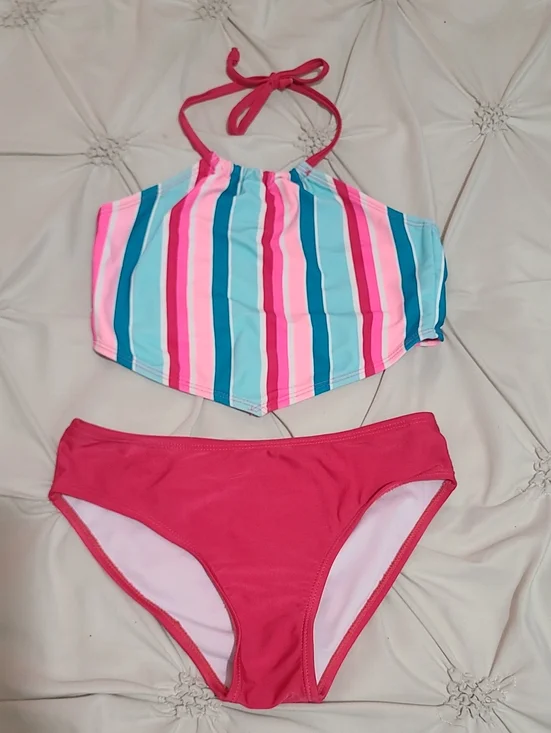 Striped Halter Bikini Top with Solid Pink Bottom