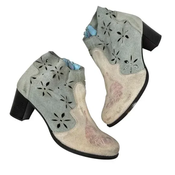 Desigual Ankle Boots Cutwork Tiger Print‎ Heeled Blue Cream Pink Size 41 US 10