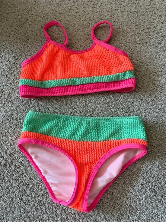 Girls Neon Orange & Mint Pink Two-Piece Swimsuit