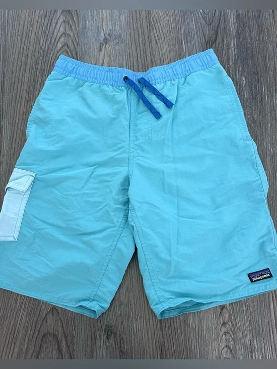 Patagonia Boys Light Aqua Blue Swim Trunks with Blue Drawstring