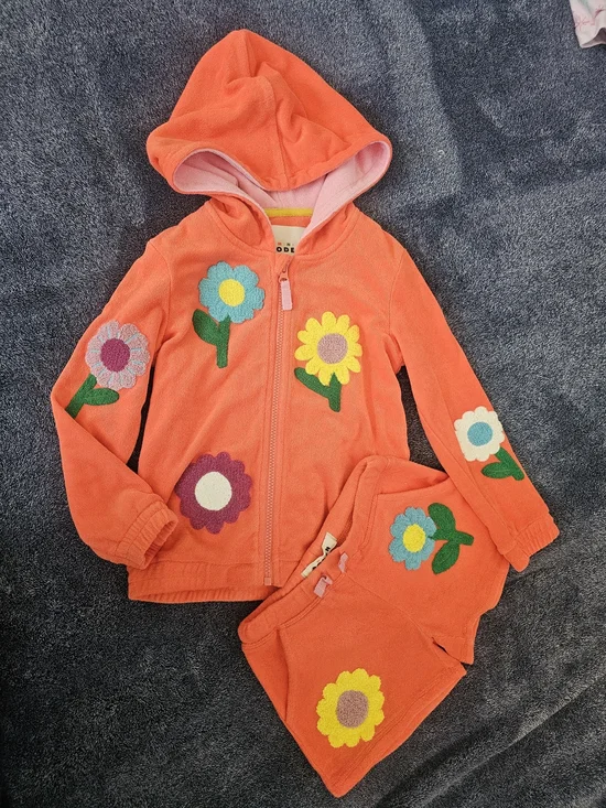 Mini Boden Coral Terry Set with Pink Flower Details