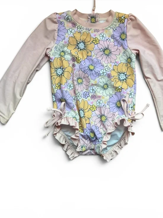 Caden Lane Floral Long Sleeve Ruffle One Piece Swimsuit Rash Guard 3Т Toddler