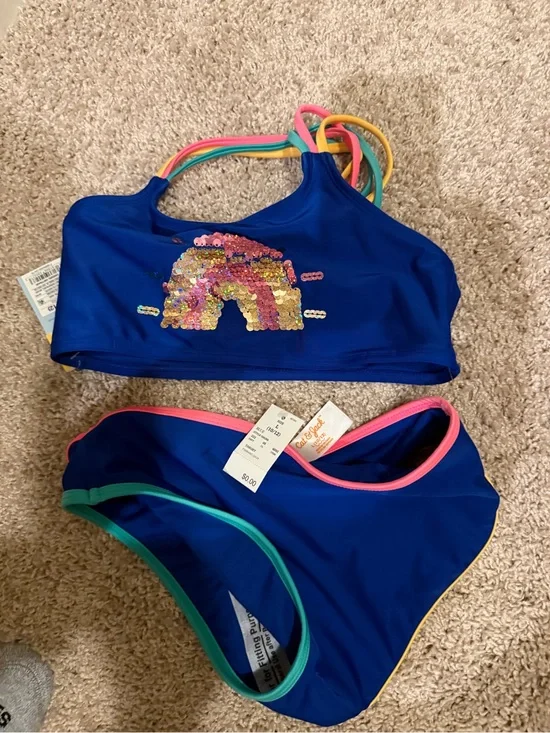 Cat & Jack Girls' Royal Blue Sequin Rainbow Bikini with Multicolor Straps