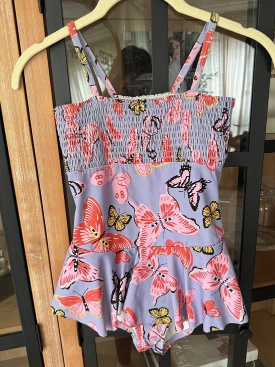Hanna Andersson smocked one piece butterfly swimsuit print ruffle skirt lavender