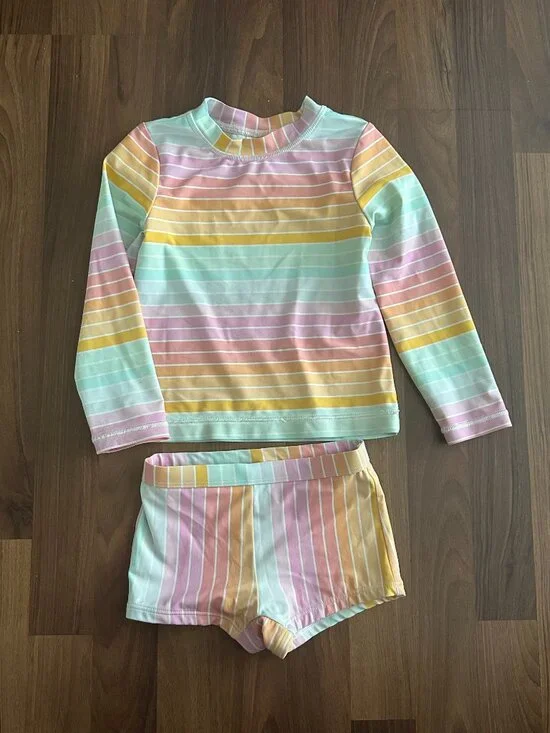 Hanna Andersson Rainbow Stripe Rashguard Top & Shorts Set size 4