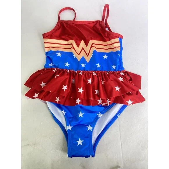 DC Comics Wonder Woman One Piece Ruffle Trim Swimsuit Swimwear Girls Size 6