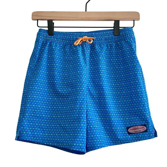 Vineyard Vines Boys Small 8 Chappy Swim Trunks Blue Micro Whale Print NWT Lined