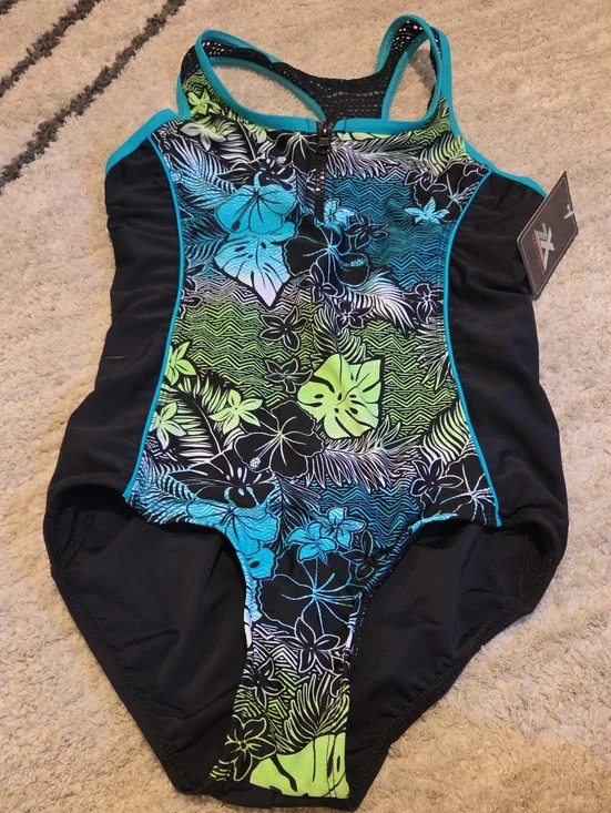ZeroXposur Girls Black Swimsuit with Teal & Lime Floral Print