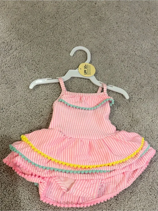 Girls Pink Striped Seersucker Ruffle Swim Dress with Pom Trim NWT - 3 MO