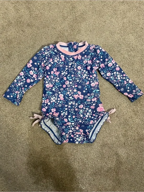 Ruffle Butts Navy & Pink Floral Long-Sleeve One-Piece Swimsuit