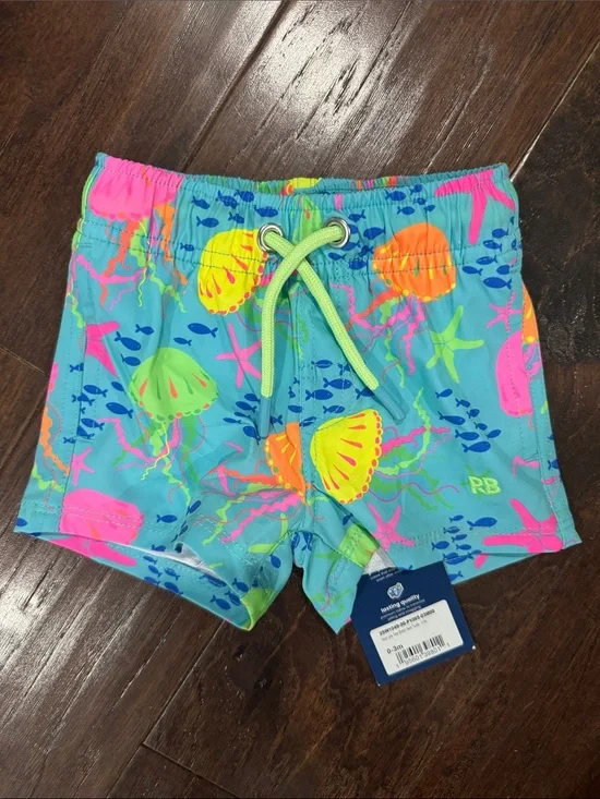 Bright Aqua Jellyfish Swim Shorts with Neon Accents - Kids