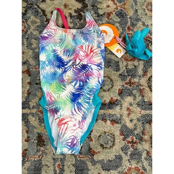 Escargot Swimsuit Girls 4 Multi Tropical Palm One Piece NWT‎