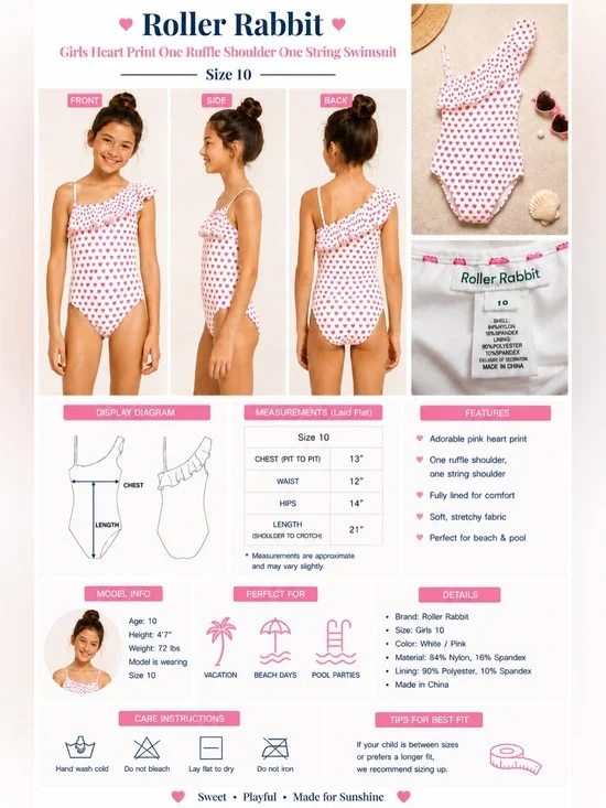 Roller Rabbit Girls Heart Print Ruffle One Piece Swimsuit White Pink Size 10