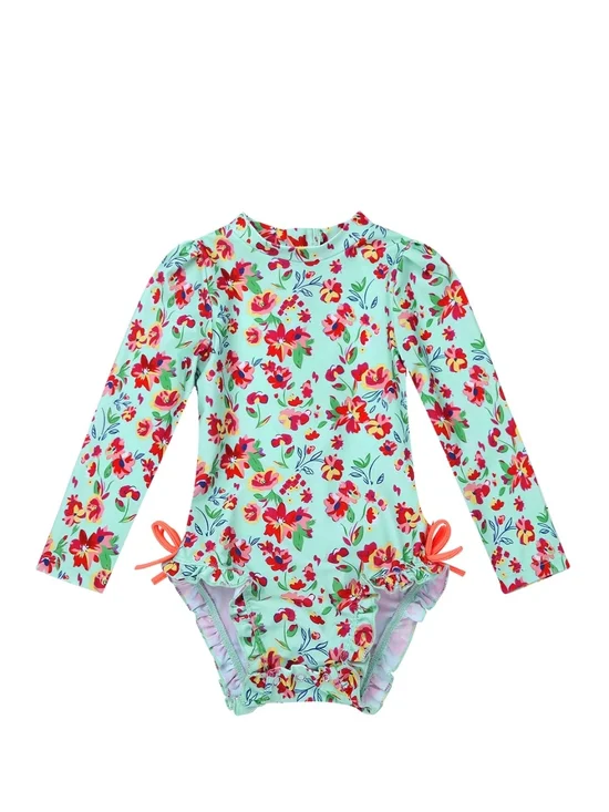 RuffleButts toddler Girls' Mint Floral Long-Sleeve Rash Guard Swimsuit Size: 2T