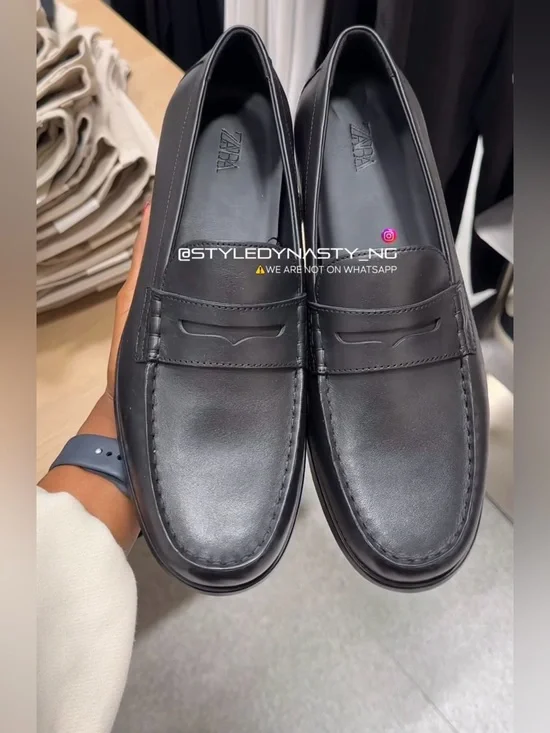 ZARA Men's Black Leather Slip-On Penny Loafers