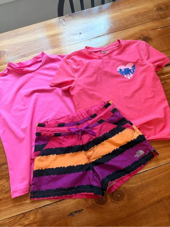 Girls Swim Set, North Face Shorts, Cat and Jack Rash guards, 7/8-10/12
