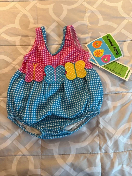 Baby Bubble Romper with Butterflies - Pink & Blue- Vintage Mervyns Baby Bums Co.