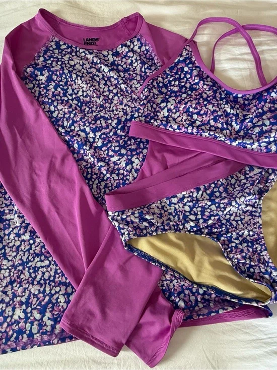 Lands' End Purple Floral Tankini Set with Rash Guard Pieces