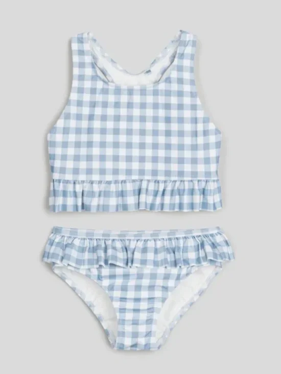 Light Blue Gingham Ruffle Kids Bikini