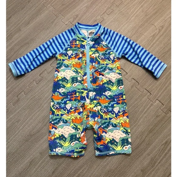 Lands End Baby Boys Dinosaur Rash Guard Swimsuit One Piece Blue 12-18M Snaps