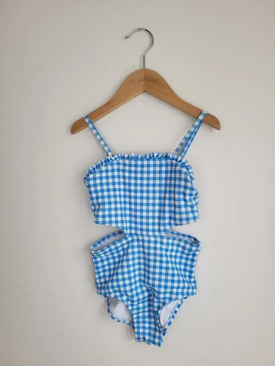 Cat & Jack Blue Gingham Cut Out One Piece Swimsuit XS 4-5 Yr