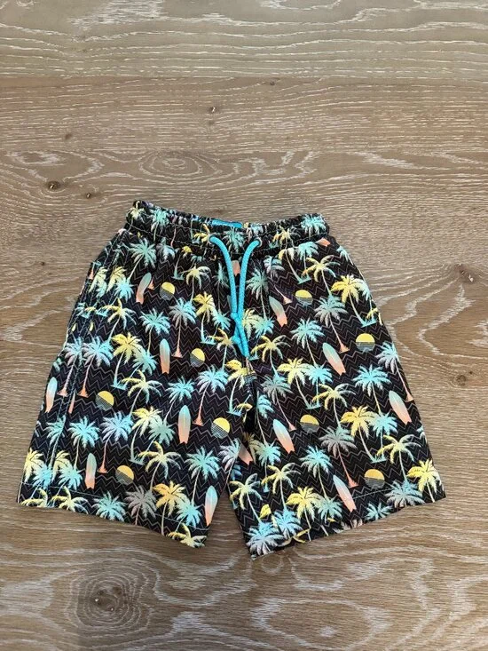 Boys Beach Bros black/yellow/blue palm tree bathing suit swim trunks size 8