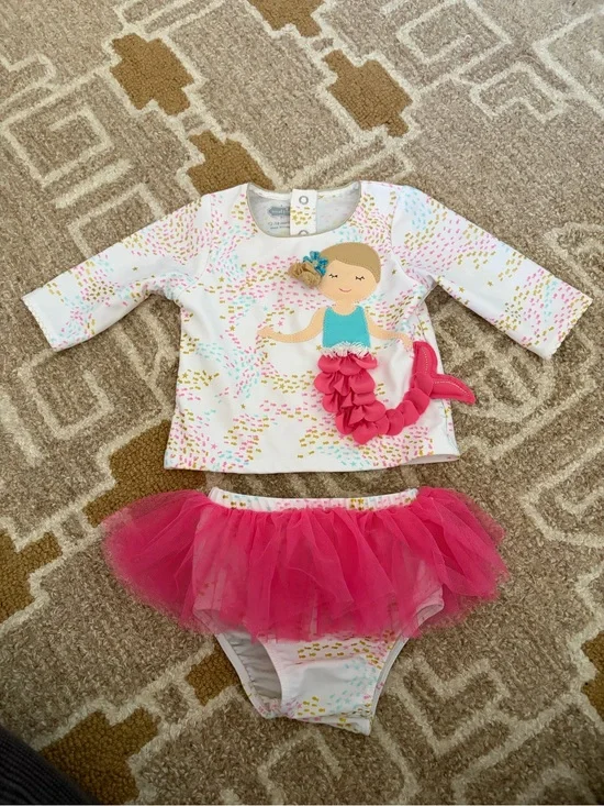 Mud Pie Kids Swim Two-Piece White Top with Pink Tulle Mermaid Skirt