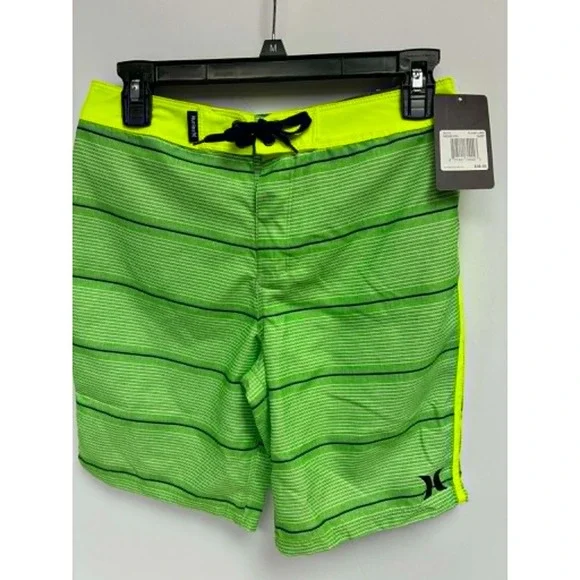 Hurley Boys Board Shorts Flash Lime Green Striped Swim Trunks Size 14/27 NEW