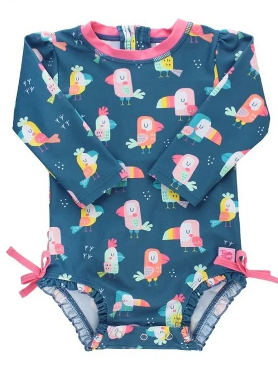 RuffleButts Long Sleeve Swimsuit Girls Size 3T Toucan Bird Print UPF 50+
