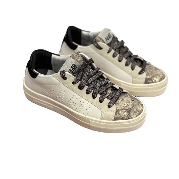 P448 Thea Platform Sneakers White Metallic Leather and Suede Size 37‎