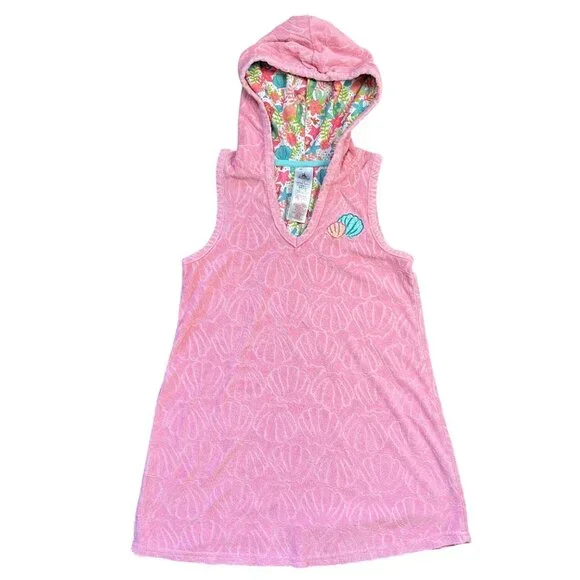 Disney Ariel Swim Cover Up Girls Size 7/8 Terry Cloth Jacquard Shell Hooded Pink