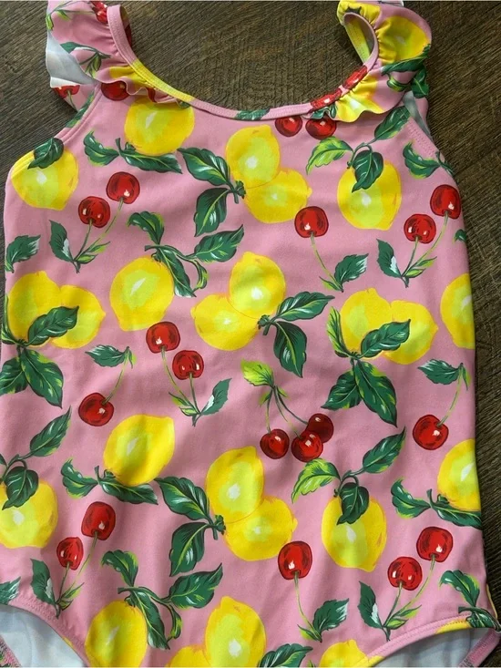 Mini Boden Pink One-Piece Swimsuit with Yellow Lemon & Red Cherry Print 9-10