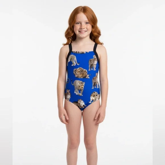Submarine‎ 1pc Blue Jaguar Print Kids Swimsuit sz 8 7 New