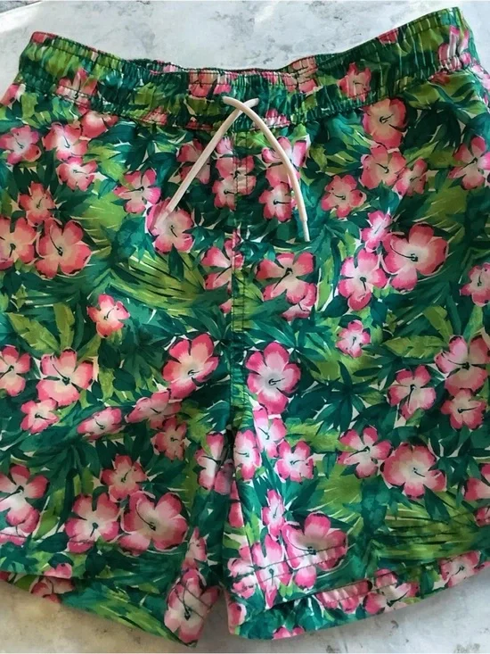 Janie and Jack Boys Tropical Floral Swim Trunks - Pink & Green
