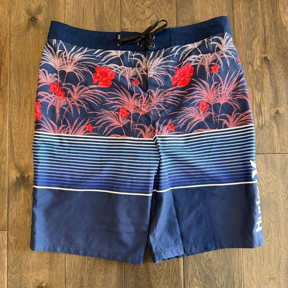 Hurley Board Shorts Kids Size 18/29 Navy Blue New Tropical Floral Striped Trunks