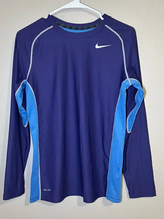 Nike Dri Fit Purple Blue Mesh Swoosh Logo Long Sleeve Training Shirt Kids Sz XL