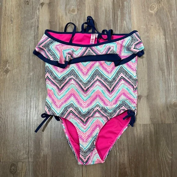 Limited Too One Piece Swimsuit Girls‎ Medium 10/12 Multicolor Chevron Side Ties