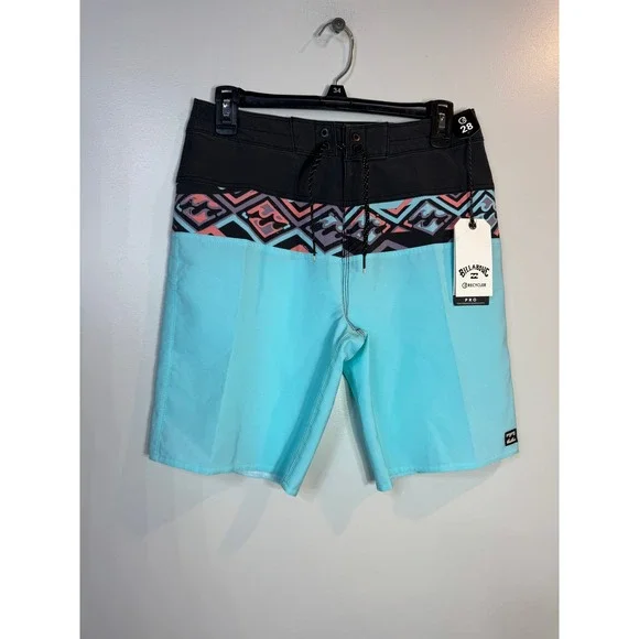 Billabong Kids Board Shorts Turquoise Black Geometric Print Elastic Waist NEW 28