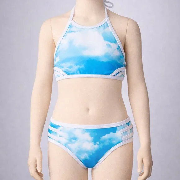 Submarine 2pc Blue & White Clouds Girls Swimsuit Boutique Designer NWT 6 lk 4/5‎