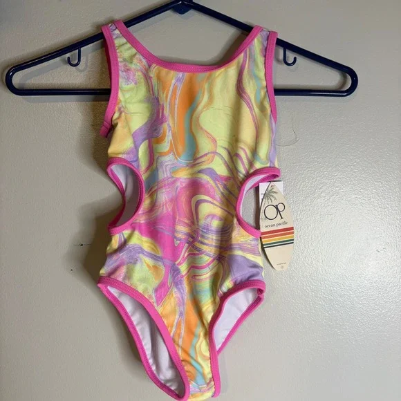 Ocean Pacific Girls 4 Pink Marble Cut Out One Piece Swimsuit with Mesh‎ Skirt