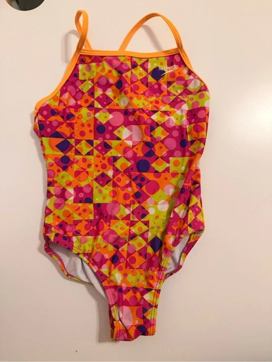 Speedo Girls Neon Geo One-Piece Swimsuit - Pink, Orange, Lime