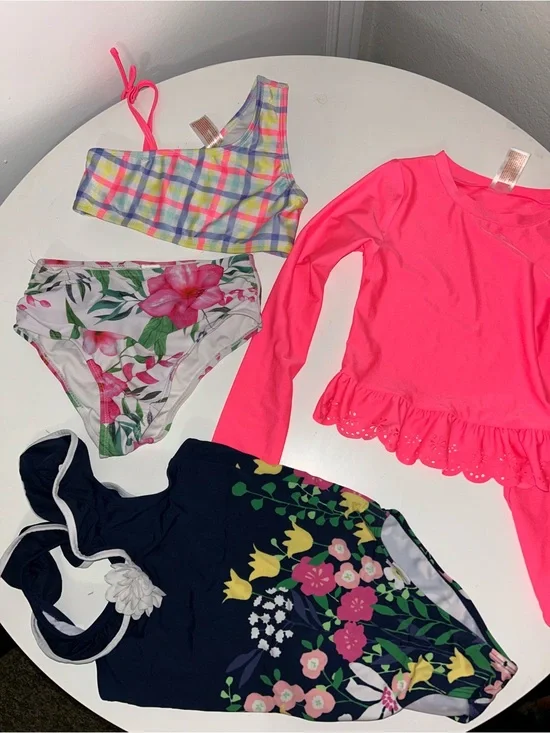 Girls' Bright Pink Long Sleeve Swim Top and Mixed Prints Swim Set