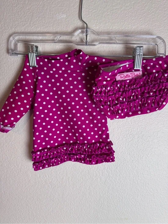 RuffleButts Magenta Polka Dot Ruffle Swimsuit Set Size 3-6 M