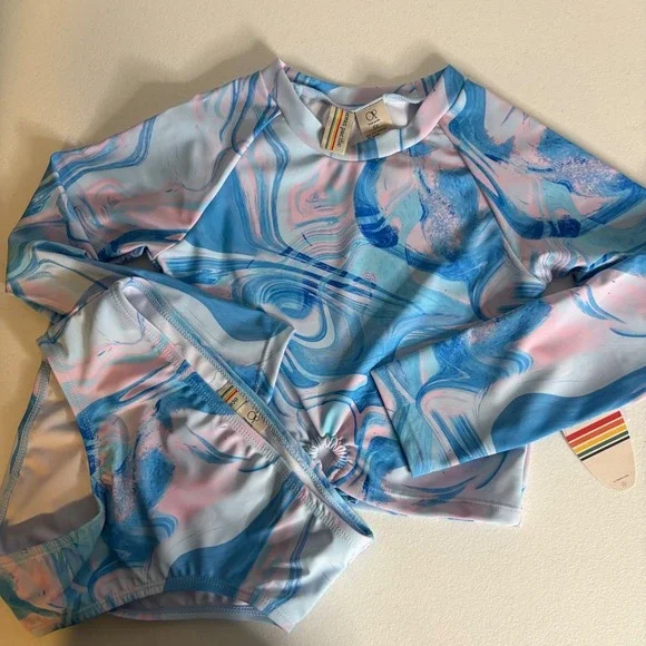 Ocean Pacific Girls 12 Blue Pink Marble Rash Guard Swimsuit‎ Set NEW