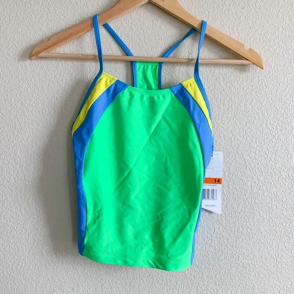 NWT Speedo Neon Green, Blue, Yellow Tankini Bikini Top Size 14
