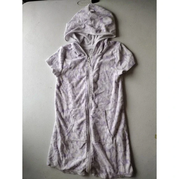 Wonder Nation Girls Purple Tie Dye Floral Terry Cloth Hooded Swim Cover Up M 7-8