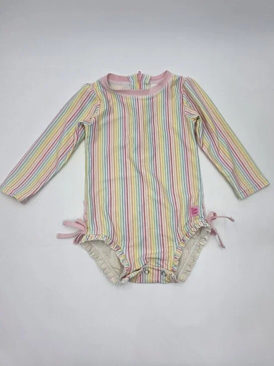 Ruffle Butts baby girl rainbow stripe rashguard swimsuit size 18-24 months